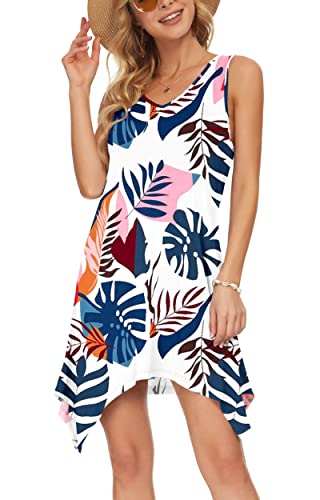 AUSELILY Damen Kleid Sommer Ärmellos Sommerkleid Casual Kurz Strandkleider V Ausschnitt Leichte Freizeitkleid Blumenkleider (Blaue Wegerich, S) von AUSELILY