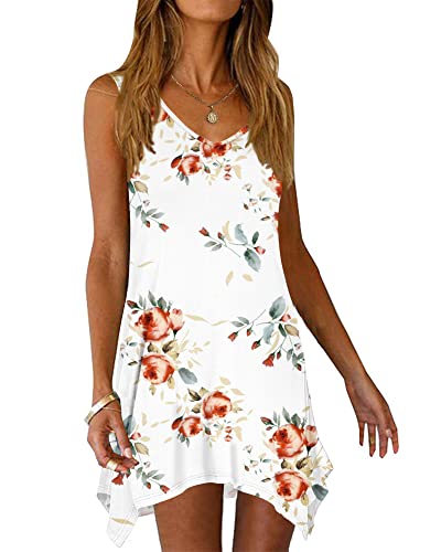 AUSELILY Damen Sommerkleid Ärmellos V-Ausschnitt Casual Kurz Strandkleid Leichte Kurze Freizeitkleid Blumenkleider Rose Weiß L von AUSELILY