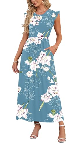 AUSELILY Damen Kleid mit Taschen Blumenmuster Lässiges Lockeres Sommer Rundhalsausschnitt Kurzarm Strandkleid(Hellblaue Blüten,L) von AUSELILY