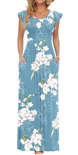 AUSELILY Damen Kleid mit Taschen Blumenmuster Lässiges Lockeres Sommer Rundhalsausschnitt Kurzarm Strandkleid(Hellblaue Blüten,S) von AUSELILY