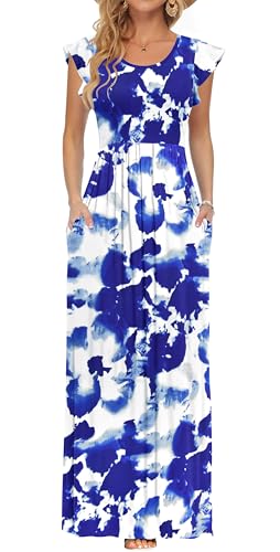 AUSELILY Damen Kleid mit Taschen Blumenmuster Lässiges Lockeres Sommer Rundhalsausschnitt Kurzarm Strandkleid(Weiße Blaue Blume,L) von AUSELILY