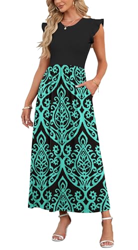 AUSELILY Damen Kleid mit Taschen Blumenmuster Lässiges Lockeres Sommer Rundhalsausschnitt Kurzarm Strandkleid Boho(Schwarz Grün,S) von AUSELILY