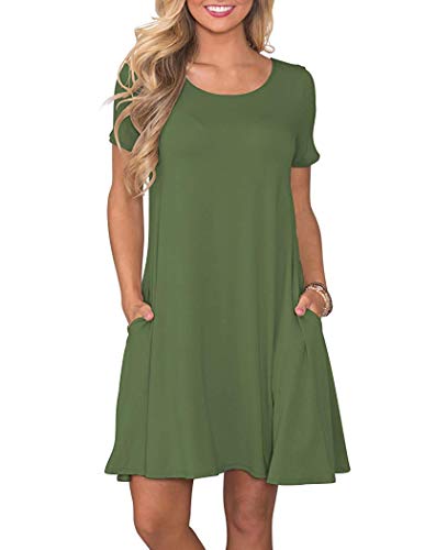 AUSELILY Damen Kleider Sommer Kurzarm Shirtkleider Kurz Sommerkleider Leicht Freizeitkleid mit Taschen ArmeeGrün S von AUSELILY