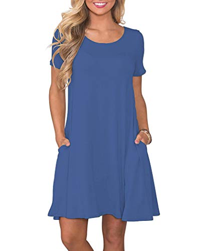 AUSELILY Damen Kleider Sommer Kurzarm Shirtkleider Kurz Sommerkleider Leicht Freizeitkleid mit Taschen Beja Blau L von AUSELILY