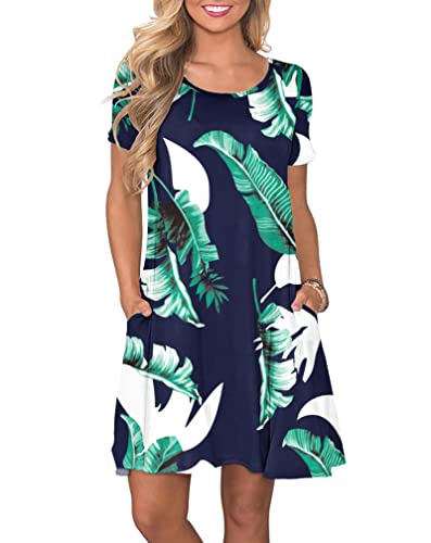 AUSELILY Damen Kleider Sommer Kurzarm Shirtkleider Kurz Sommerkleider Leicht Freizeitkleid mit Taschen Blau Drucken L von AUSELILY