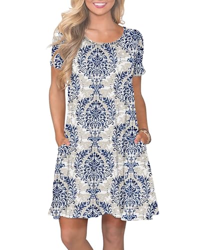 AUSELILY Damen Kleider Sommer Kurzarm Shirtkleider Kurz Sommerkleider Leicht Freizeitkleid mit Taschen Blau Glasierte Blume Weiß M von AUSELILY