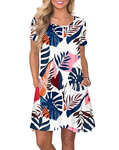 AUSELILY Damen Kleider Sommer Kurzarm Shirtkleider Kurz Sommerkleider Leicht Freizeitkleid mit Taschen Blaue Wegerich XL von AUSELILY