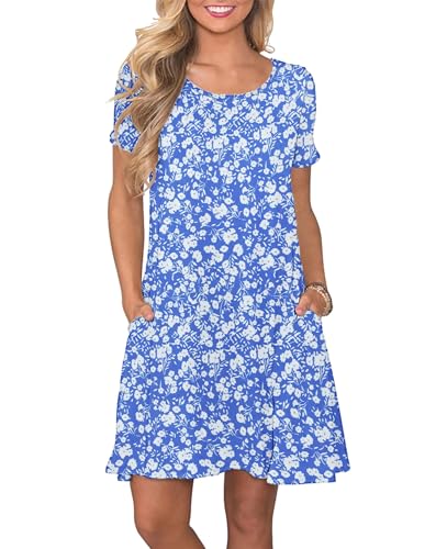 AUSELILY Damen Kleider Sommer Kurzarm Shirtkleider Kurz Sommerkleider Leicht Freizeitkleid mit Taschen Blumenblau XL von AUSELILY