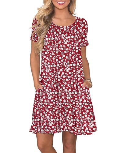 AUSELILY Damen Kleider Sommer Kurzarm Shirtkleider Kurz Sommerkleider Leicht Freizeitkleid mit Taschen Blumenrot XL von AUSELILY