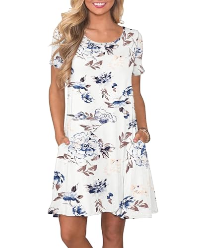 AUSELILY Damen Kleider Sommer Kurzarm Shirtkleider Kurz Sommerkleider Leicht Freizeitkleid mit Taschen Blumenweiß 2XL von AUSELILY