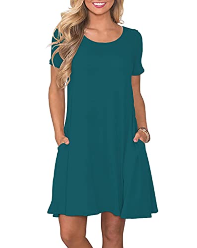 AUSELILY Damen Kleider Sommer Kurzarm Shirtkleider Kurz Sommerkleider Leicht Freizeitkleid mit Taschen DunkelGrün L von AUSELILY