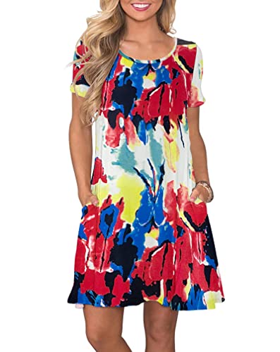 AUSELILY Damen Kleider Sommer Kurzarm Shirtkleider Kurz Sommerkleider Leicht Freizeitkleid mit Taschen GefäRbt Blau Grün Weiß 2XL von AUSELILY