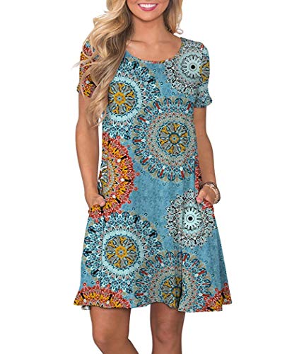 AUSELILY Damen Kleider Sommer Kurzarm Shirtkleider Kurz Sommerkleider Leicht Freizeitkleid mit Taschen Grün Drucken M von AUSELILY