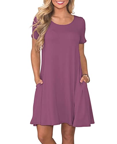 AUSELILY Damen Kleider Sommer Kurzarm Shirtkleider Kurz Sommerkleider Leicht Freizeitkleid mit Taschen Mauve 2XL von AUSELILY