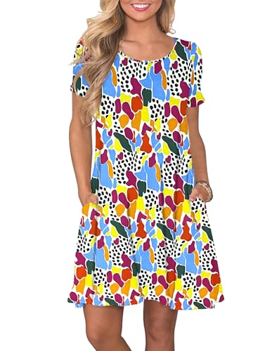 AUSELILY Damen Kleider Sommer Kurzarm Shirtkleider Kurz Sommerkleider Leicht Freizeitkleid mit Taschen Mehrfarbig Weiß L von AUSELILY