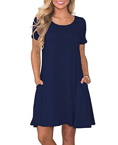 AUSELILY Damen Kleider Sommer Kurzarm Shirtkleider Kurz Sommerkleider Leicht Freizeitkleid mit Taschen Navy Blau M von AUSELILY