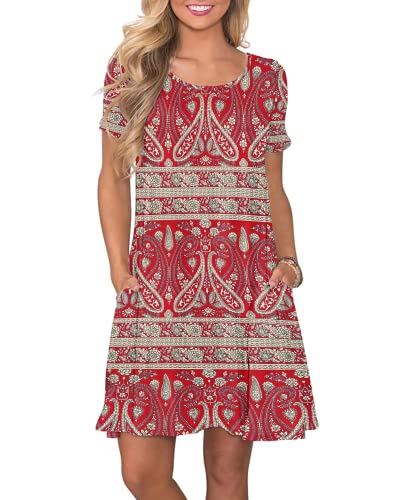 AUSELILY Damen Kleider Sommer Kurzarm Shirtkleider Kurz Sommerkleider Leicht Freizeitkleid mit Taschen Rosa Sonnenblume L von AUSELILY