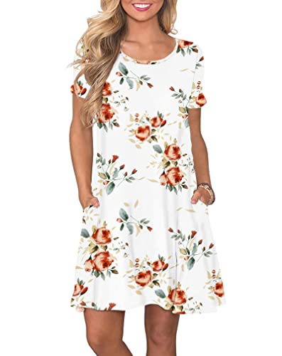 AUSELILY Damen Kleider Sommer Kurzarm Shirtkleider Kurz Sommerkleider Leicht Freizeitkleid mit Taschen Rosa Weiß S von AUSELILY