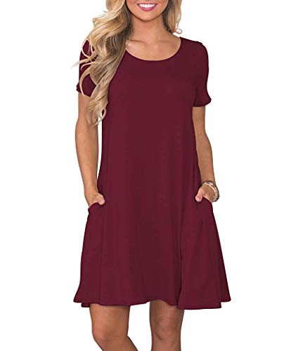 AUSELILY Damen Kleider Sommer Kurzarm Shirtkleider Kurz Sommerkleider Leicht Freizeitkleid mit Taschen Weinrot M von AUSELILY