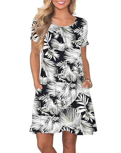 AUSELILY Damen Kleider Sommer Kurzarm Shirtkleider Kurz Sommerkleider Leicht Freizeitkleid mit Taschen Weißgrüne Palmen Weiß S von AUSELILY