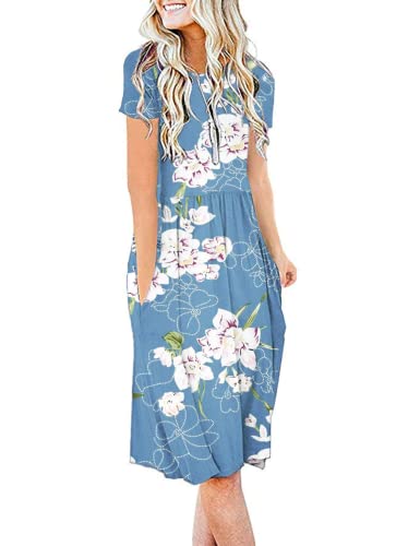 AUSELILY Damen Kleider Sommer Shirtkleider Knielang Kurzarm Freizeitkleid mit Blumen Schicke Sommerkleider mit Taschen (Blumen hellblau, XL) von AUSELILY