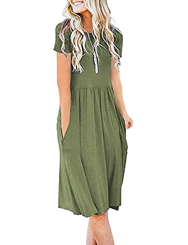 AUSELILY Damen Kleider Sommer Sommerkleider Knielang Kurzarm Freizeitkleid Schicke Shirtkleider mit Taschen (Armeegrün, XXL) von AUSELILY