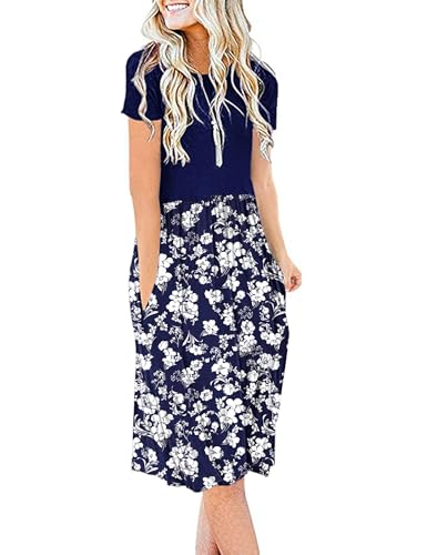 AUSELILY Damen Kleider Sommer Sommerkleider Knielang Kurzarm Empire Freizeitkleid Schicke Shirtkleider mit Taschen von AUSELILY