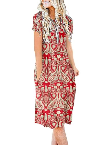 AUSELILY Damen Kleider Sommer Sommerkleider Knielang Kurzarm Empire Freizeitkleid Schicke Shirtkleider mit Taschen von AUSELILY