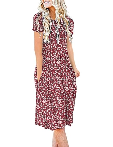 AUSELILY Damen Kleider Sommer Sommerkleider Knielang Kurzarm Empire Freizeitkleid Schicke Shirtkleider mit Taschen von AUSELILY