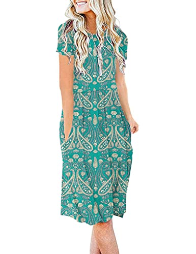 AUSELILY Damen Kleider Sommer Sommerkleider Knielang Kurzarm Freizeitkleid Schicke Shirtkleider mit Taschen (Boho Blumengrün, L) von AUSELILY