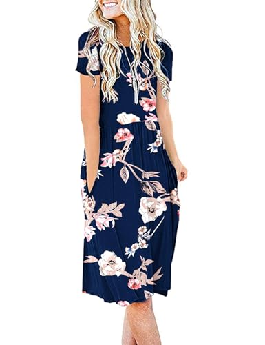 AUSELILY Damen Kleider Sommer Sommerkleider Knielang Kurzarm Empire Freizeitkleid Schicke Shirtkleider mit Taschen von AUSELILY