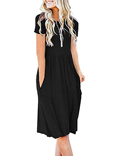 AUSELILY Damen Kleider Sommer Sommerkleider Knielang Kurzarm Freizeitkleid Schicke Shirtkleider mit Taschen (Schwarz, XXL) von AUSELILY