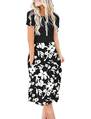 AUSELILY Damen Kleider Sommer Sommerkleider Knielang Kurzarm Freizeitkleid Schicke Shirtkleider mit Taschen (Schwarz Weiß Blume, XL) von AUSELILY