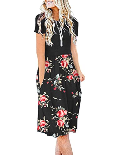 AUSELILY Damen Kleider Sommer Sommerkleider Knielang Kurzarm Freizeitkleid Schicke Shirtkleider mit Taschen (Schwarze Rose Schwarz, M) von AUSELILY