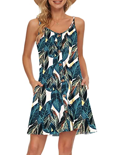 AUSELILY Sommerkleid Damen Kleider Spaghettiträger Knielang Strandkleid Freizeitkleider V Ausschnitt Leicht Kleider Sommer Mit Taschen Für Frauen(Blattdruck,L) von AUSELILY