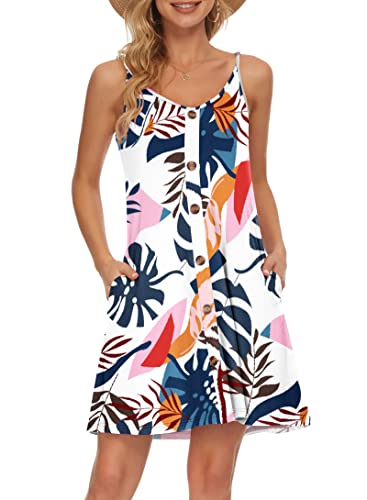 AUSELILY Sommerkleid Damen Kleider Spaghettiträger Knielang Strandkleid Freizeitkleider V Ausschnitt Leicht Kleider Sommer Mit Taschen Für Frauen(Blauer Wegerich,L) von AUSELILY