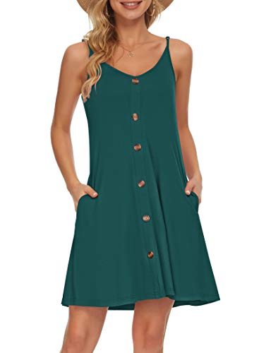 AUSELILY Sommerkleid Damen Kleider Spaghettiträger Knielang Strandkleid Freizeitkleider V Ausschnitt Leicht Kleider Sommer Mit Taschen Für Frauen(Dunkelgrün,2XL) von AUSELILY