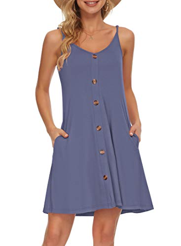 AUSELILY Sommerkleid Damen Kleider Spaghettiträger Knielang Strandkleid Freizeitkleider V Ausschnitt Leicht Kleider Sommer Mit Taschen Für Frauen(Lila Grau,2XL) von AUSELILY