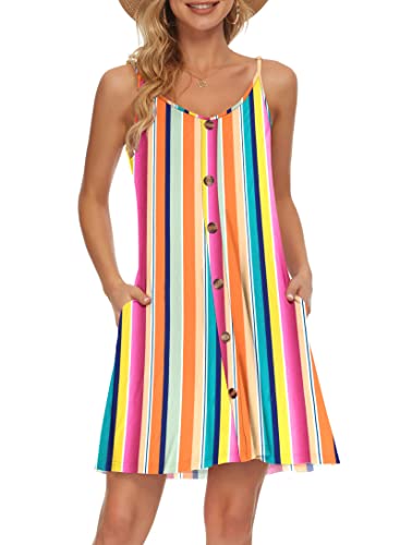 AUSELILY Sommerkleid Damen Kleider Spaghettiträger Knielang Strandkleid Freizeitkleider V Ausschnitt Leicht Kleider Sommer Mit Taschen Für Frauen(Regenbogen Streifen,L) von AUSELILY