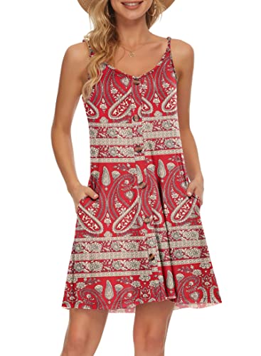 AUSELILY Sommerkleid Damen Kleider Spaghettiträger Knielang Strandkleid Freizeitkleider V Ausschnitt Leicht Kleider Sommer Mit Taschen Für Frauen(Rotes Blumenboho,M) von AUSELILY