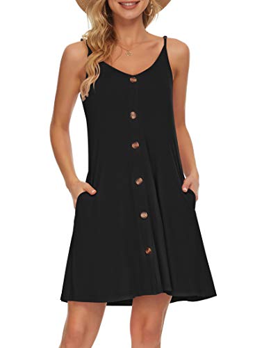 AUSELILY Sommerkleid Damen Kleider Spaghettiträger Knielang Strandkleid Freizeitkleider V Ausschnitt Leicht Kleider Sommer Mit Taschen Für Frauen(Schwarz,2XL) von AUSELILY