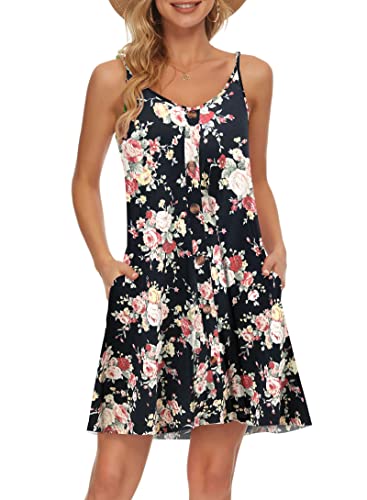 AUSELILY Damen Kleider Sommer Sommerkleid Spaghettiträger Knielang Strandkleid Kurz V Ausschnitt Freizeitkleid mit Träger Strandkleider Mit Taschen(Schwarz Rosa Rose,S) von AUSELILY