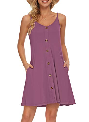 AUSELILY Sommerkleid Damen Kleider Spaghettiträger Knielang Strandkleid Freizeitkleider V Ausschnitt Leicht Kleider Sommer Mit Taschen Für Frauen(Mauve,XL) von AUSELILY