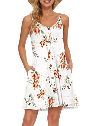 AUSELILY Damen Kleider Sommer Sommerkleid Spaghettiträger Knielang Strandkleid Kurz V Ausschnitt Freizeitkleid mit Träger Strandkleider Mit Taschen(Rose White,S) von AUSELILY