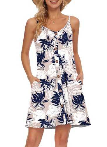 AUSELILY Damen Kleider Sommer Spaghettiträger Knielang Strandkleider Kurz V Ausschnitt Kleid Leicht Mit Taschen Sommerkleid Für Frauen von AUSELILY