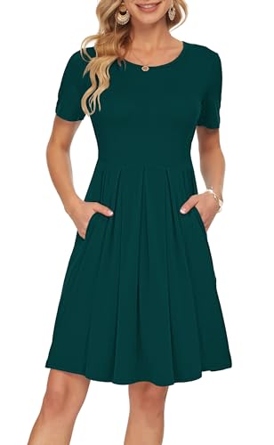 AUSELILY Damen Kurzarm Kleid Grün Plissee Loose Swing Freizeitkleid mit Taschen Dunkelgrün 2XL von AUSELILY