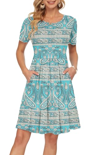 AUSELILY Damen Kurzarm Kleid Grüne teilen Blumen Plissee Loose Swing Freizeitkleid mit Taschen Dunkelgrün 2XL von AUSELILY