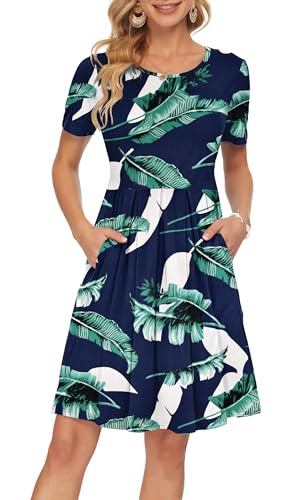 AUSELILY Damen Kurzarm Kleid Königsblau Grün Plissee Loose Swing Freizeitkleid mit Taschen Dunkelgrün 2XL von AUSELILY