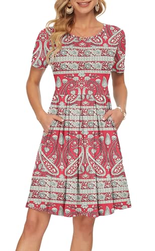 AUSELILY Damen Kurzarm Kleid Rot Teilen Blumen Plissee Loose Swing Freizeitkleid mit Taschen Boho Floral Rot L von AUSELILY