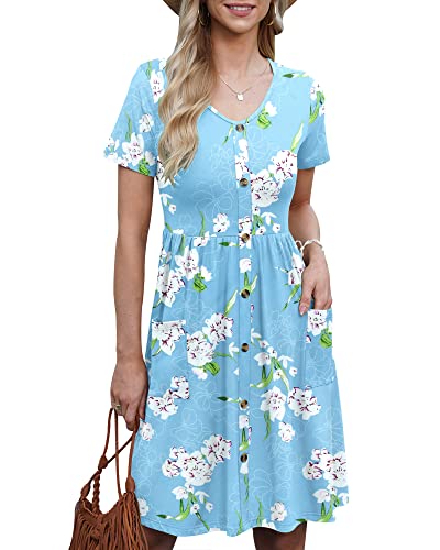 AUSELILY Kleider für Damen Rundhalsausschnitt Kurzarm A-Linie Kleider Casual Loose Swing Sommerkleid mit Taschen Blumen Hellblau M von AUSELILY